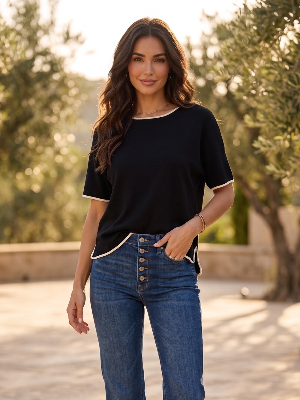 Max Studio Black Short-Sleeve Top with Cream Trim